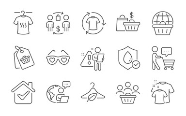 Clean t-shirt, Love glasses and Slow fashion line icons set. Sale bags, Buyer think and Buyers signs. Buying process, Online shopping and Dry t-shirt symbols. Line icons set. Vector