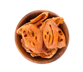 Mace in a wooden bowl, isolated on white background. Nutmeg flower, myristica fragrans. Natural...
