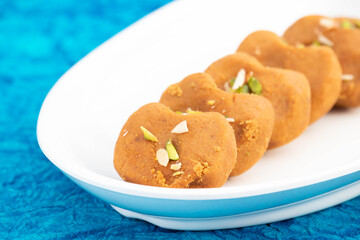 Indian Mithai Mathura Peda Or Meetha Pera Made Of Condensed Milk Fudge Khoya Mawa Kesar Khoa Pista Mava Malai In Desi Ghee Is Enjoyed In Bengali Gujrati Rajasthani Punjabi Culture And Across India