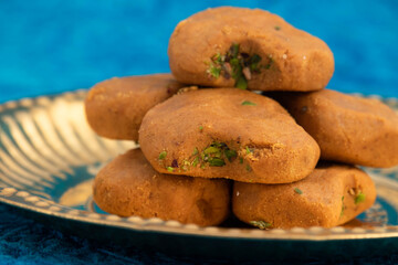 Mathura Peda Or Pera Made Of Milk Fudge Khoya Mawa Kesar Pista Mava Malai In Desi Ghee Is Enjoyed On Occasions Like Diwali Pooja Holi Rakshabandhan Eid Deepavali And Offered To Divine God During Puja