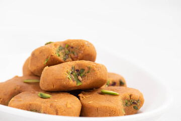 Mathura Peda Or Pera Made Of Milk Fudge Khoya Mawa Kesar Pista Mava Malai In Desi Ghee Is Enjoyed On Occasions Like Diwali Pooja Holi Rakshabandhan Eid Deepavali And Offered To Divine God During Puja