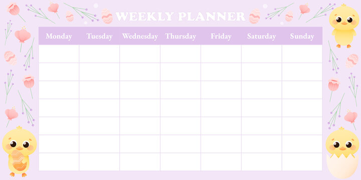 Cute childish spring weekly planner with animal character - chick and flowers around on violet background, printable timetable or diary page, Easter concept, organizer template for kids