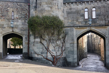 fragment of a wall with two arches of an ancient palace built in the form of a medieval castle