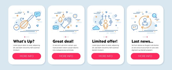 Set of line icons, such as Washing hands, Business way, Cooking whisk symbols. Mobile app mockup banners. Person info line icons. Gloves, Correct path, Cutlery. Refresh user data. Vector