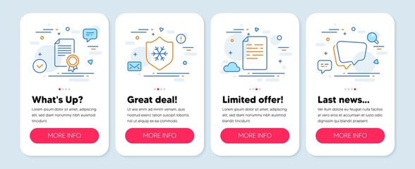 Set of Business icons, such as Certificate, Document, Clean skin symbols. Mobile app mockup banners. Speech bubble line icons. Diploma, Page file, Cold protect. Chat message. Certificate icons. Vector
