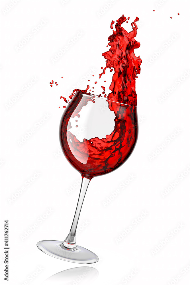 Wall mural glass with red wine and splashes of fluid isolated on white background.