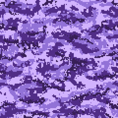 Purple pixel military camouflage seamless pattern. Vector