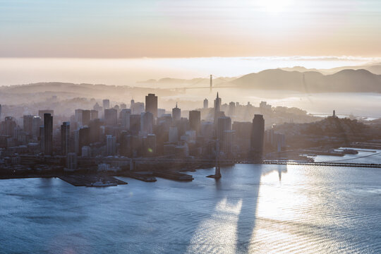 Aerial Of Downtown District At Sunset, San Francisco, USA