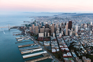 Aerial of downtown city at sunset, San Francisco, USA