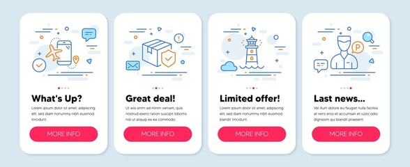 Set of Transportation icons, such as Lighthouse, Flights application, Parcel insurance symbols. Mobile screen app banners. Valet servant line icons. Vector