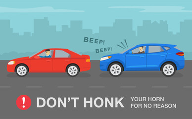 Aggressive and angry suv car driver is honking horn for no reason. Side view of a city street. Flat vector illustration template.