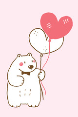 Vector Illustration of Cartoon White Bear Holding Heart Balloon Design on Isolated Background