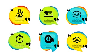 Timer, Dollar exchange and Online documentation icons simple set. Speech bubble with quotes. Justice scales, Chemistry lab and Cloud computing signs. Vector