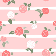 Roses seamless on pink striped background - valentine day