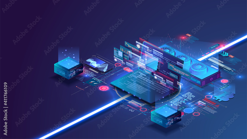 Poster isometric supercomputer server room. big data processing. a quantum computer is a device that perfor