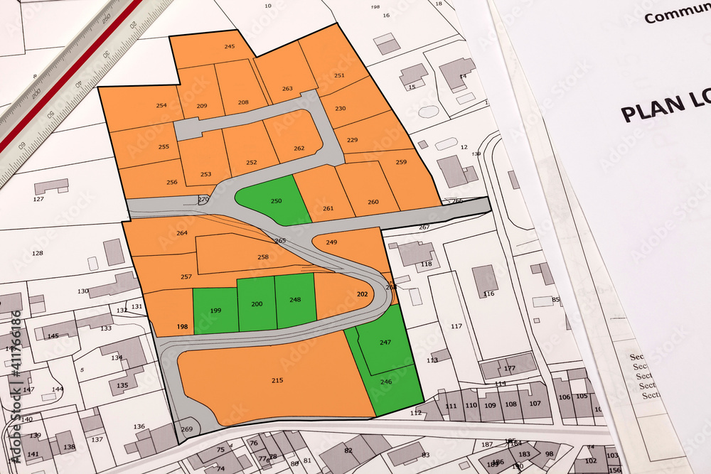 Wall mural Urbanisme - Aménagement du territoire - projet de lotissement sur fond de plan cadastral