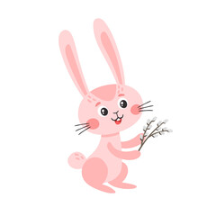 Cute pink rabbit willow for easter isolated on white