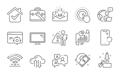 Cloud sync, Innovation and Wifi line icons set. Tool case, Seo targeting and Smartphone recovery signs. Monitor, Augmented reality and Support chat symbols. Line icons set. Vector
