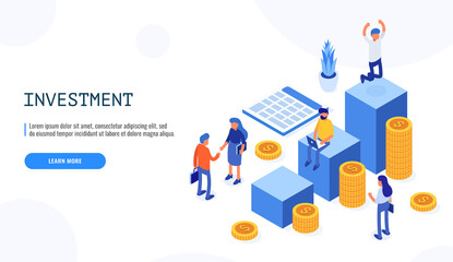 Commerce solutions for investments, analysis concept. Web banner in isometric style. Vector illustration.