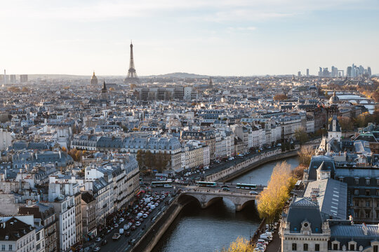 Aerial view of Paris city with Eiffel tower and river Seine, France
