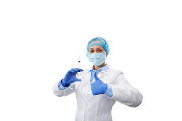 Fototapeta na wymiar Doctor in workwear with a syringe in hand showing thumb up to the camera standing isolated on a white background with copy space