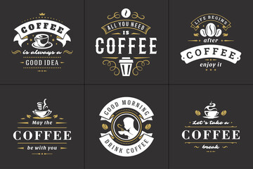 Coffee quotes vintage typographic style inspirational phrases vector illustrations set.
