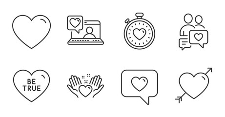 Love, Love message and Hold heart line icons set. Dating chat, Be true and Heartbeat timer signs. Heart, Friends chat symbols. Valentines day, Dating service, Friendship. Love set. Vector