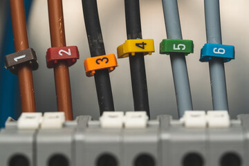 Detail shot of an electric installation. Numbered cables in a distribution box. 