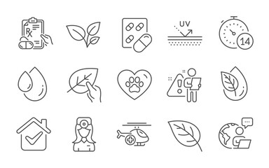 Capsule pill, Quarantine and Oculist doctor line icons set. Organic product, Pets care and Oil drop signs. Leaf, Organic tested and Leaves symbols. Line icons set. Vector