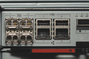 Detail of a network switch - fiber optic and ethernet ports