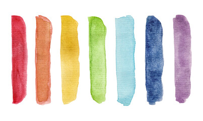 Seven multicolored lines - brush strokes in rainbow colors isolated on white background. Abstract watercolor clipart of LGBTQ community flag
