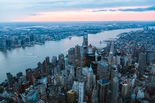 Aerial Of Freedom Tower And Manhattan  At Sunset, New York, USA