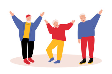 Happy elderly people.  Group of grandparents with arms raised up. Vector flat illustration on white background