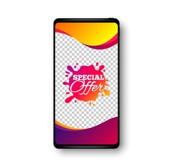 Special offer sticker. Phone mockup vector banner. Discount banner shape. Sale coupon splash icon. Social story post template. Special offer badge. Cell phone frame. Liquid modern background. Vector