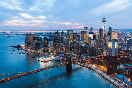 Aerial of lower Manhattan skyline and Brooklyn bridge, NY, USA