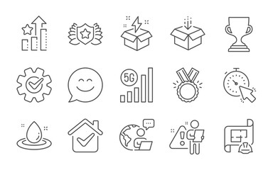 5g wifi, Cogwheel and Ranking stars line icons set. Smile chat, Creative idea and Award cup signs. Timer, Fuel energy and Get box symbols. Honor, Engineering plan and Laureate. Line icons set. Vector