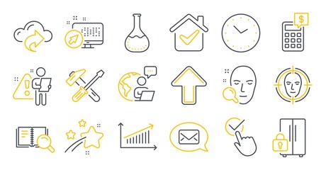 Set of Technology icons, such as Cloud share, Search book, Time symbols. Messenger, Refrigerator, Face detect signs. Web system, Upload, Chemistry lab. Calculator, Face search, Chart. Vector