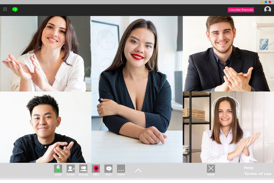 Video call. Group conference. Virtual presentation. Corporate webcast wfh. Satisfied diverse multiethnic business team applauding greeting successful female colleague at digital office on screen.