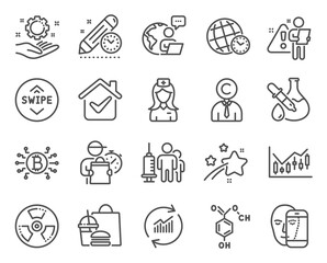 Science icons set. Included icon as Project deadline, Hospital nurse, Chemical hazard signs. Employee hand, Chemical formula, Financial diagram symbols. Medical vaccination, Swipe up. Vector