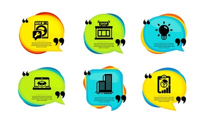 Washing machine, Online delivery and Light bulb icons simple set. Speech bubble with quotes. Skyscraper buildings, Shop and Report signs. Repair service, Parcel tracking website, Lamp energy. Vector