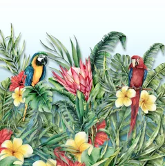 Canvas schilderij Jungle Two parrots in tropical leaves. Parrots in flowers. Tropical leaves and flowers.  © antura