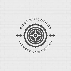 Fitness logo or badge vector illustration round barbell sport equipment symbol silhouette