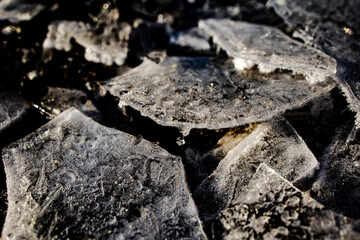 nteresting abstract background with ice close-up on a frozen puddle