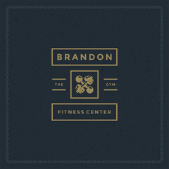 Fitness logo or badge vector illustration two crossed dumbbells sport equipment symbol silhouette