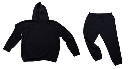 Black hoodie and black sporty pants isolated on white background. Black pants and swetshirt mockup