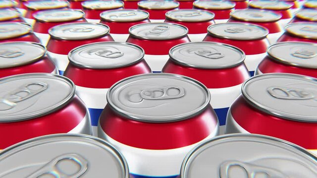 Realistic looping 3D animation of the Netherlands national flag aluminum drink cans rendered in UHD