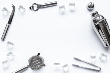 Set of bartender tools and accessories with a cocktail shaker