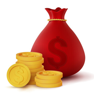 3d Realistic Red Money Bag And Coins Isolated On White Background, Vector