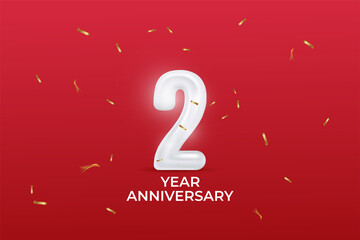 2 year anniversary banner. vector illustration with balloon number, sparkling confetti on red background.