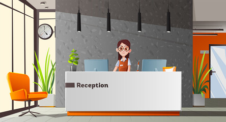 Young woman, reception desk. Interior design office